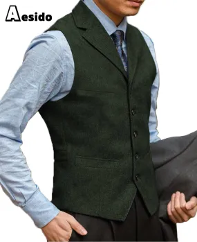 Business Men's Suit Vest Herringbone Notch Lapel Waistcoat