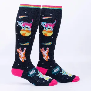 Shimmering Space Cats Knee High Sock in Extra Stretchy for Wide Calves