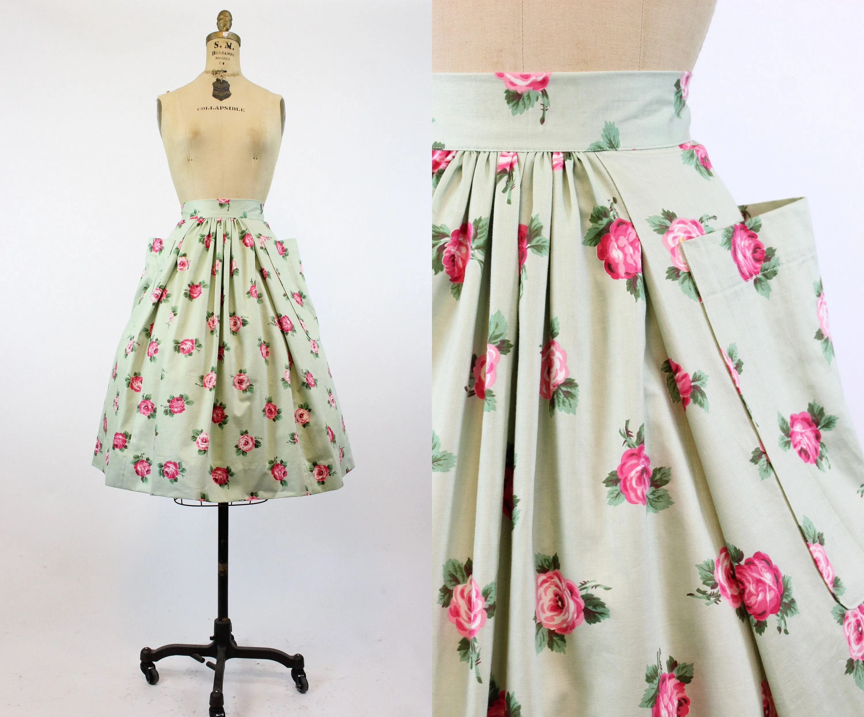 1950s rose print skirt full skirt pockets xs | new spring