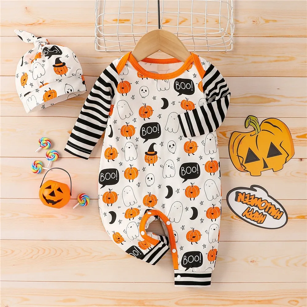 2PCS My First Halloween Striped Baby Pumpkin Ghost Baby Jumpsuit Toddler Infant Baby Halloween Outfits