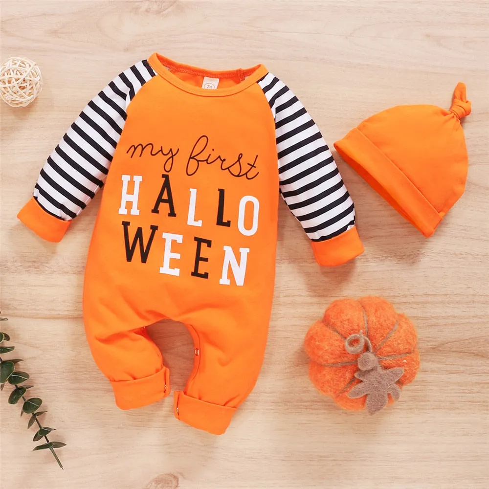 2PCS My First Halloween Striped Baby Pumpkin Ghost Baby Jumpsuit Toddler Infant Baby Halloween Outfits