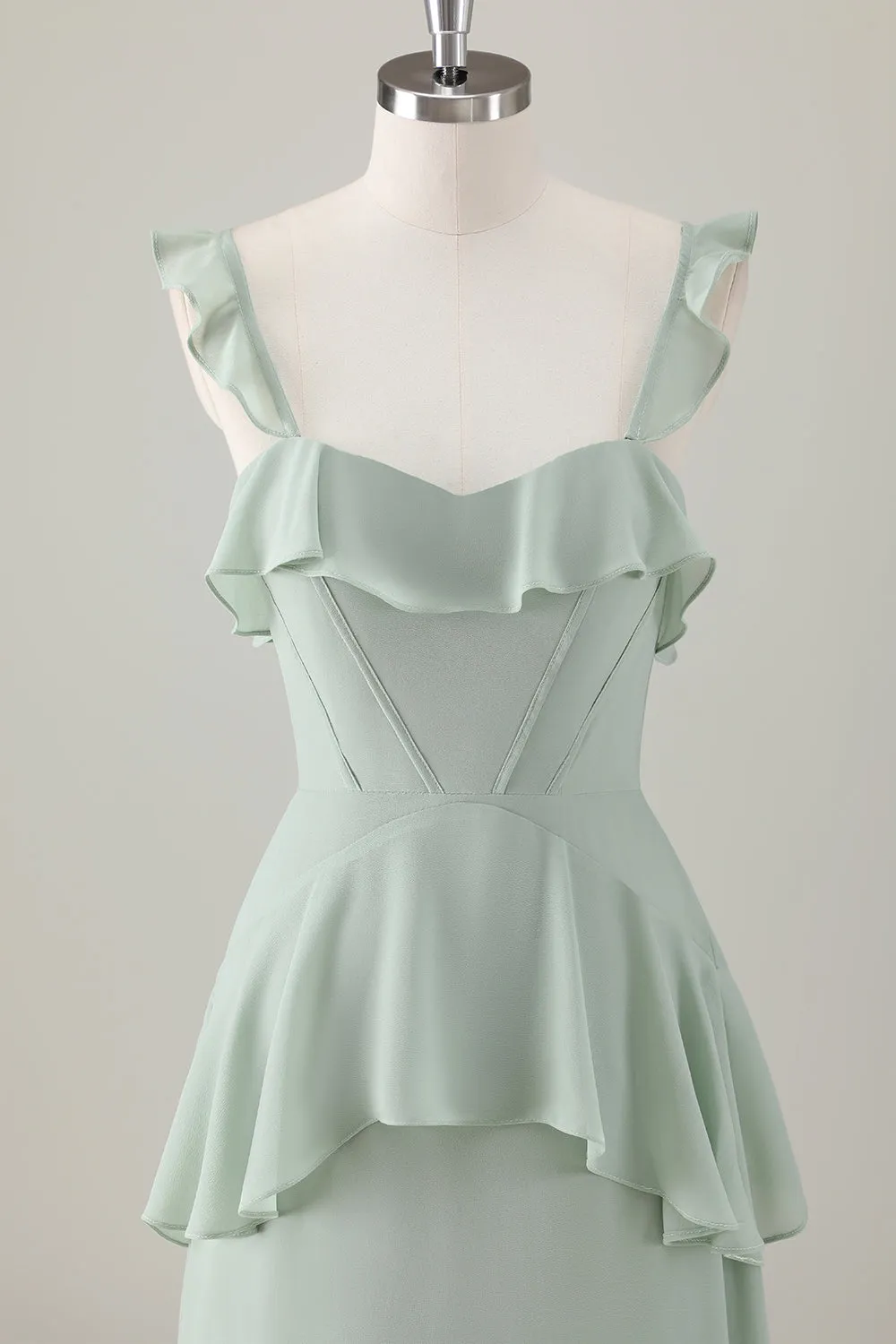 A Line Light Green Corset Tiered Ruffles Chiffon Maxi Dress