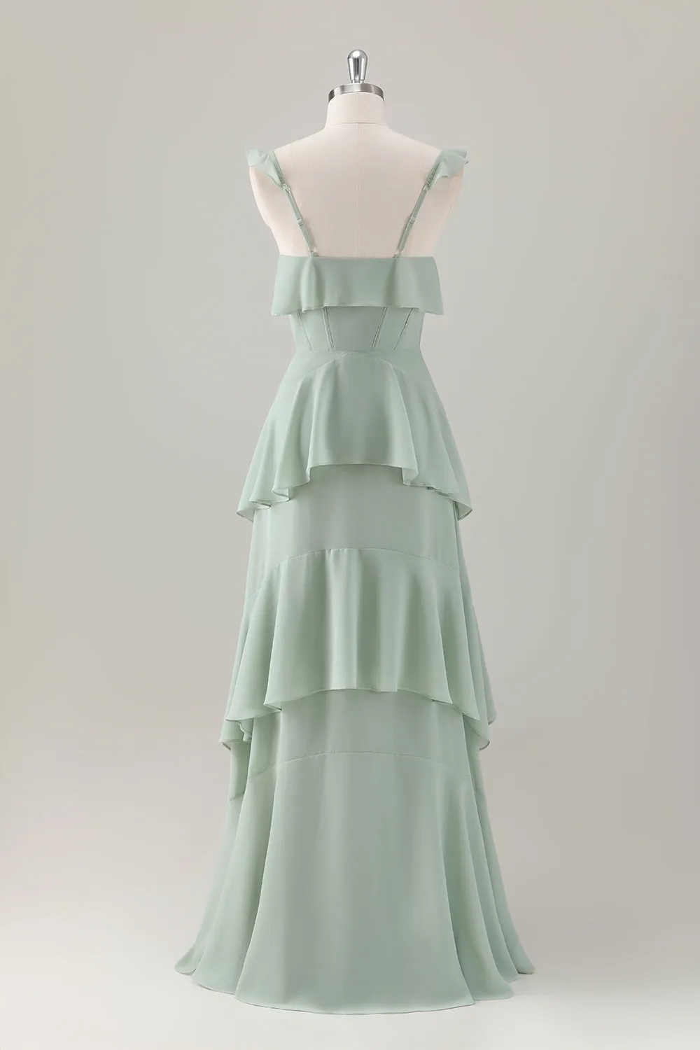 A Line Light Green Corset Tiered Ruffles Chiffon Maxi Dress