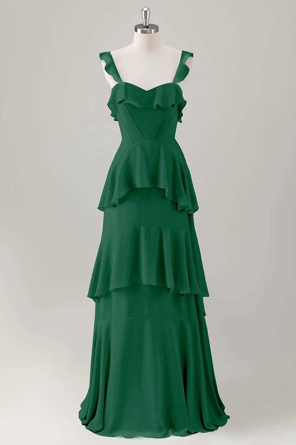 A Line Light Green Corset Tiered Ruffles Chiffon Maxi Dress