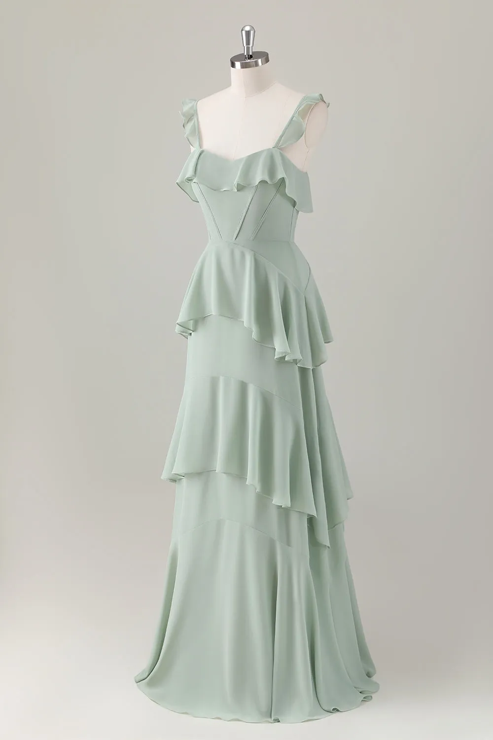 A Line Light Green Corset Tiered Ruffles Chiffon Maxi Dress