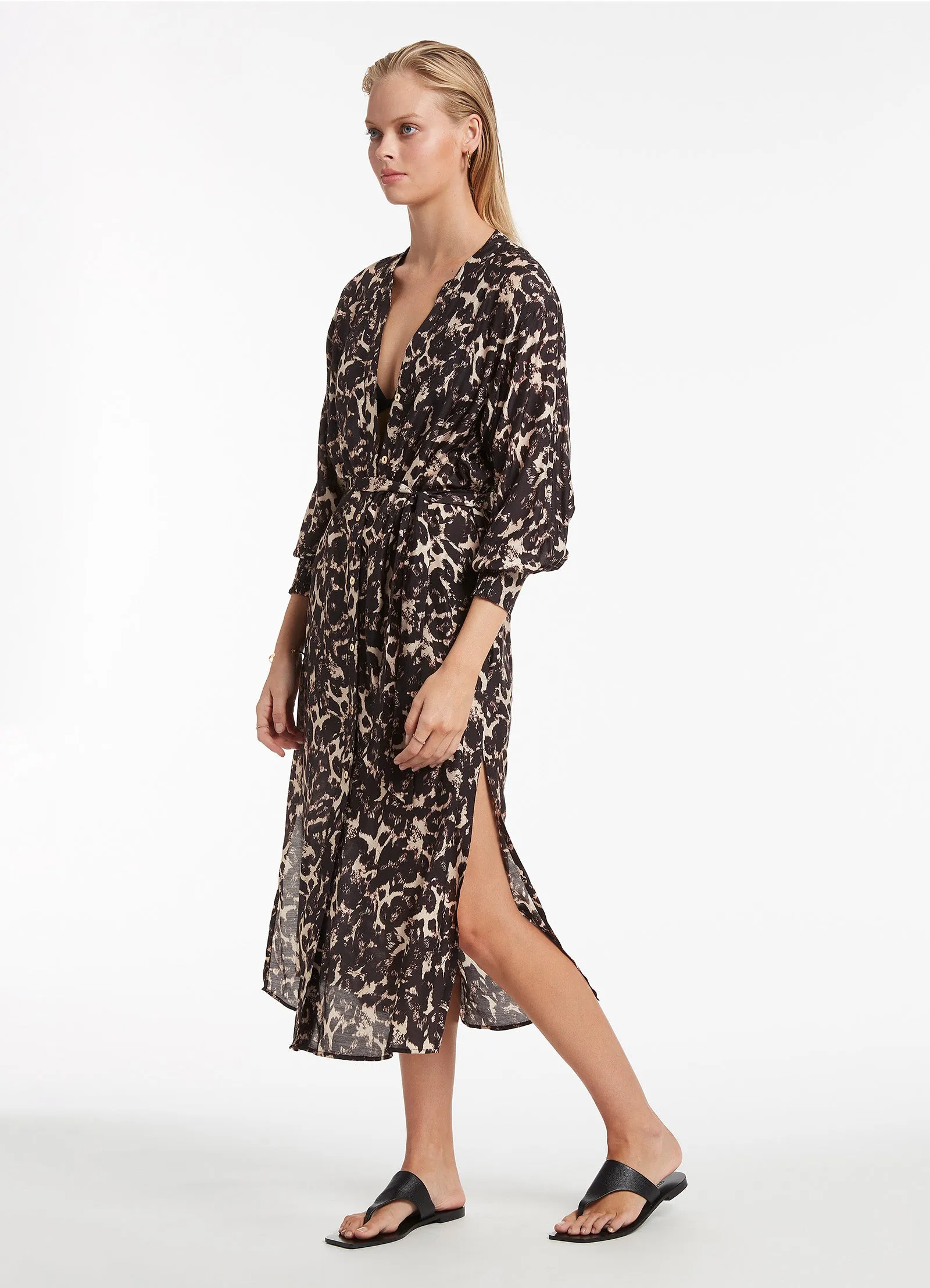 Allure Shirred Cuff Shirtdress - Black