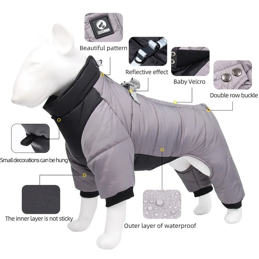 Anniepaw Winter Warm Dog Jacket Reflective Four Legged Clothes Outdoor Waterproof Windproof Traction Harness Jumpsuit French Bulldog Coat