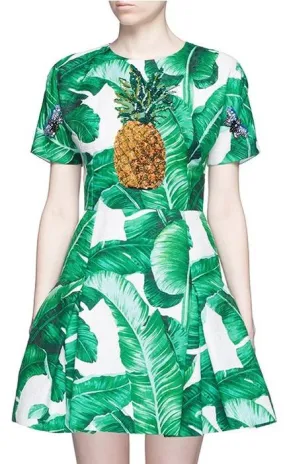 'Banana Leaf' Print Pineapple Embellished Brocade Dress