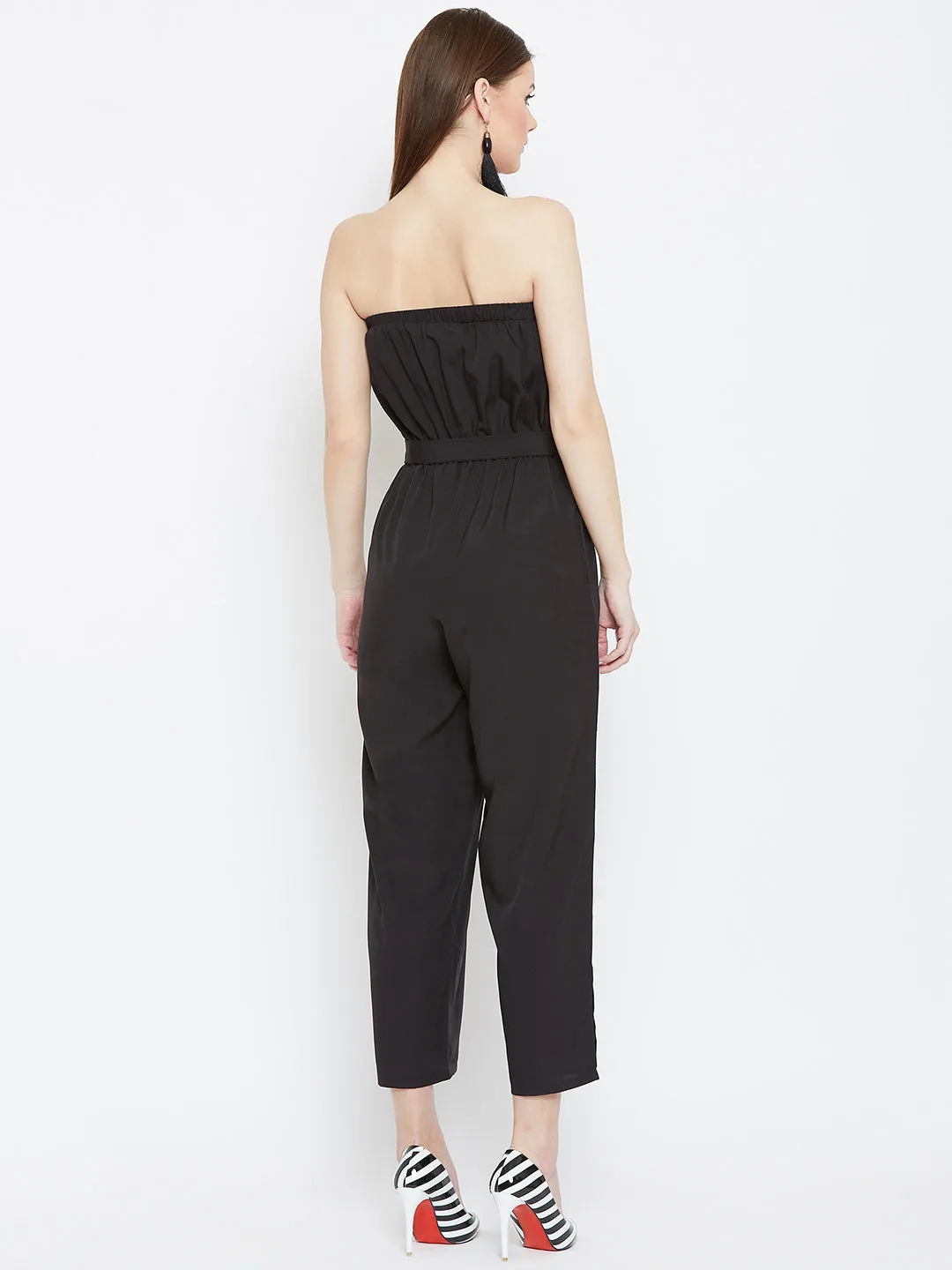 Berrylush Women Solid Black Off-Shoulder Waist Tie-Up Slited Jumpsuit