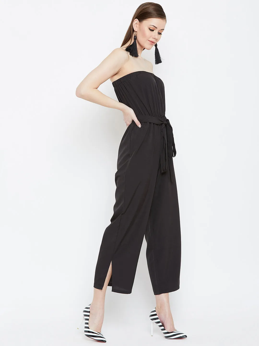 Berrylush Women Solid Black Off-Shoulder Waist Tie-Up Slited Jumpsuit