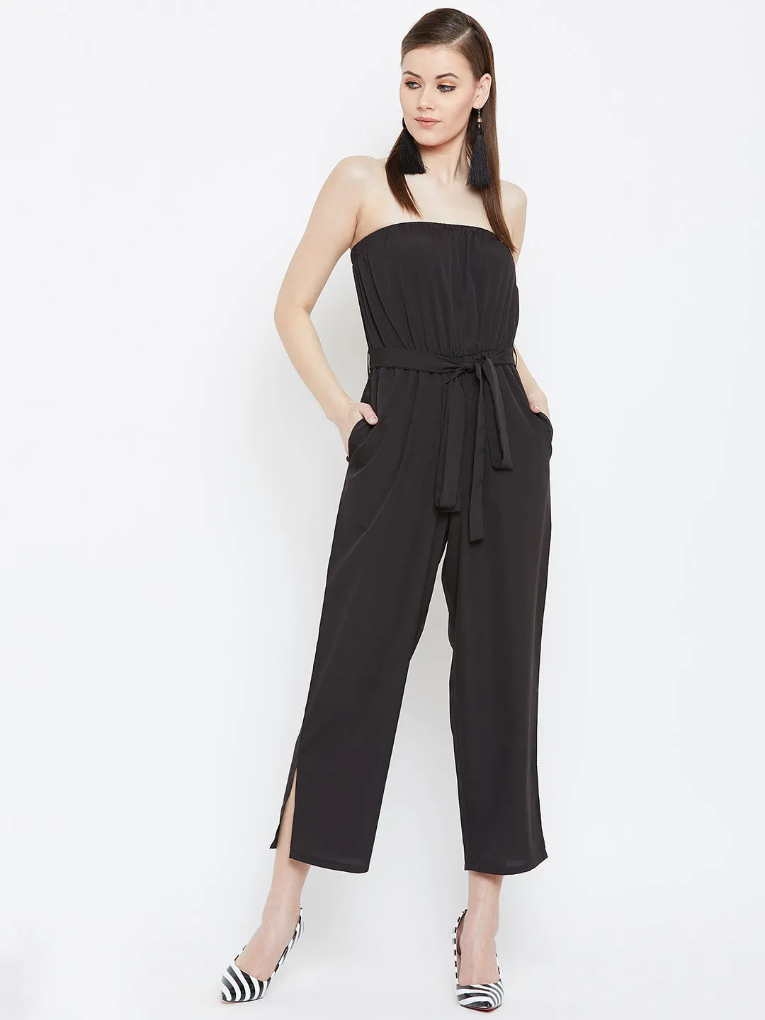 Berrylush Women Solid Black Off-Shoulder Waist Tie-Up Slited Jumpsuit