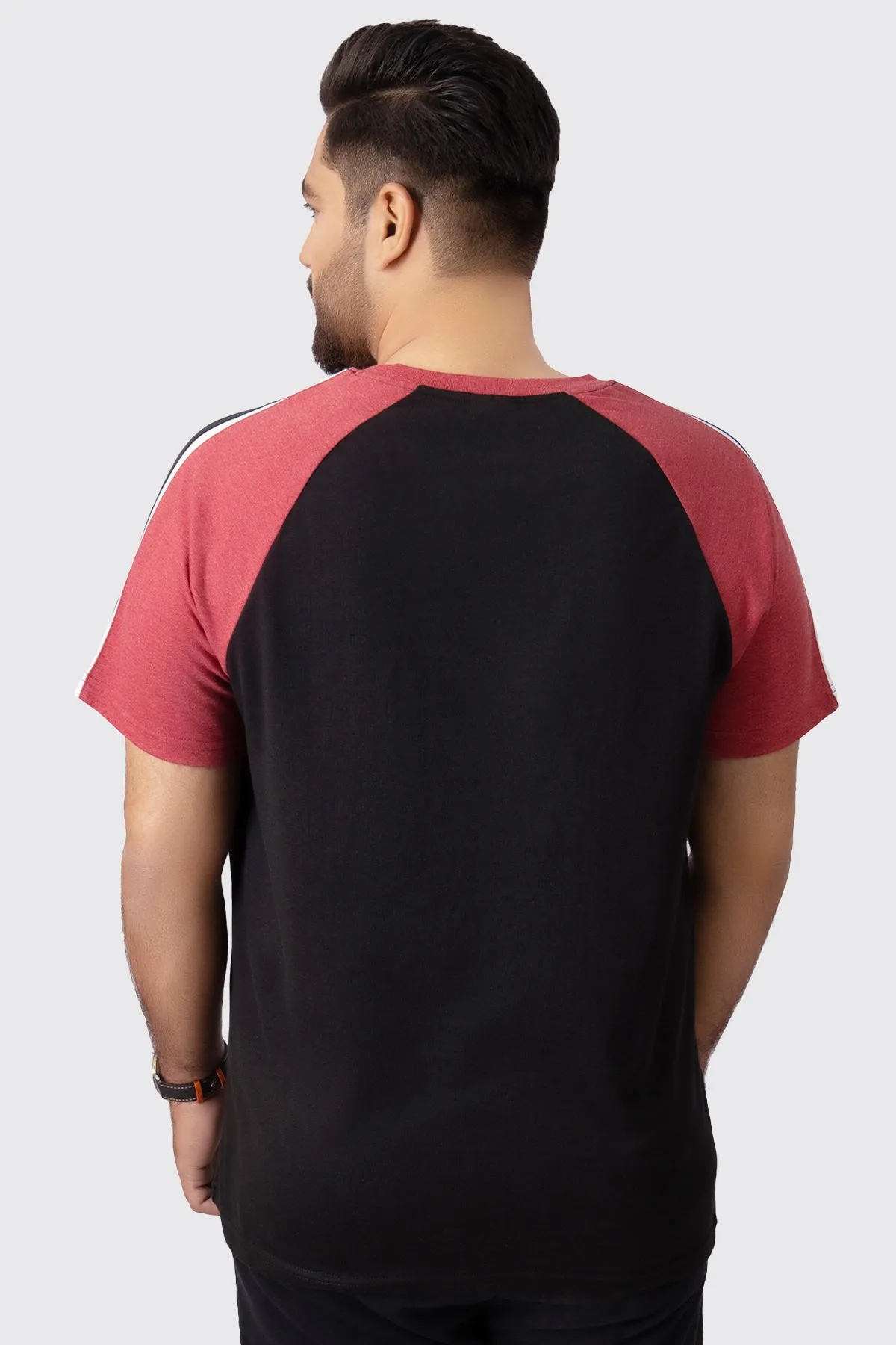 Black & Maroon Melange Paneled Raglan T-Shirt (Plus Size) - A23 - MT0283P