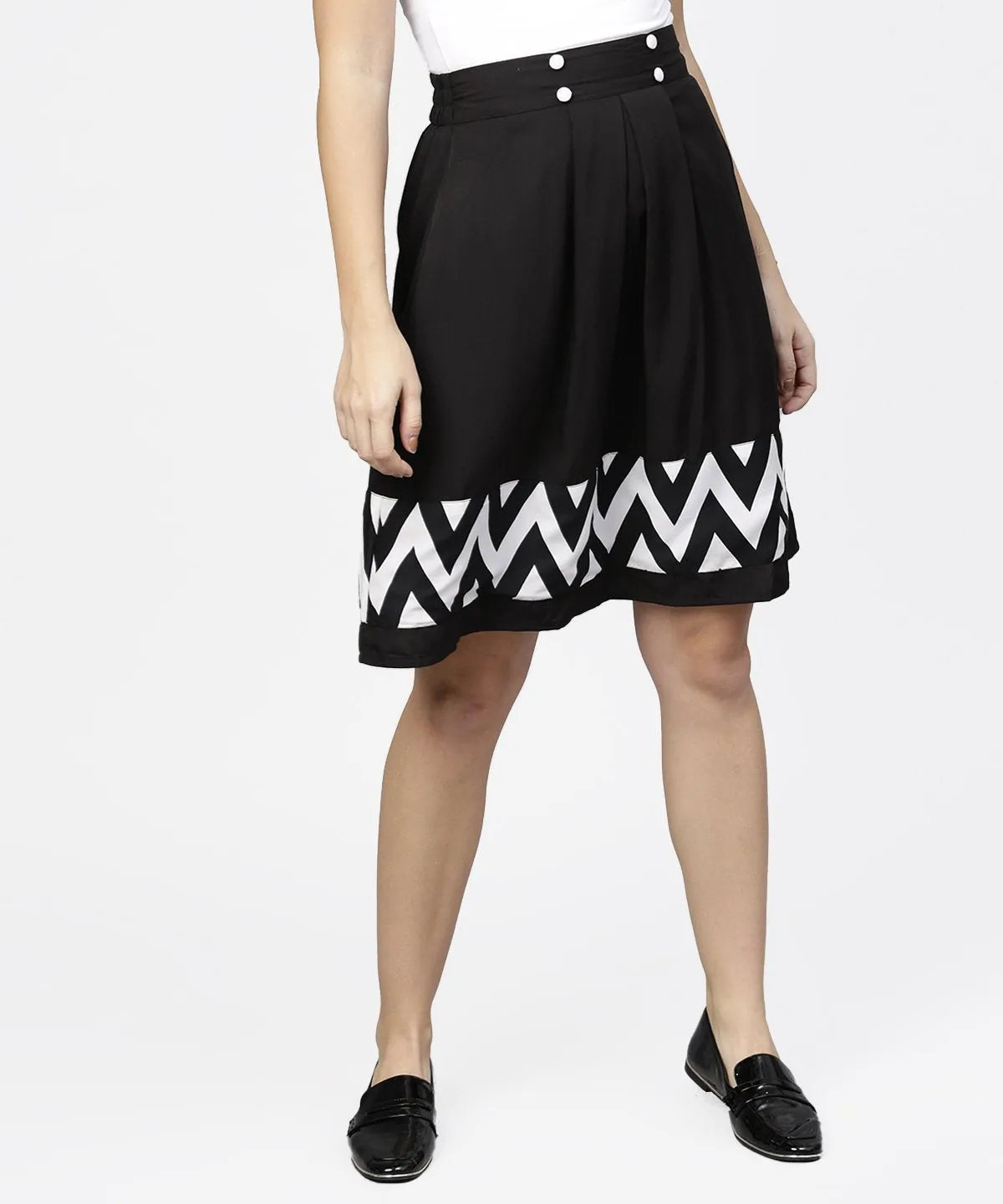 Black & White Printed Flared Skirt With Button