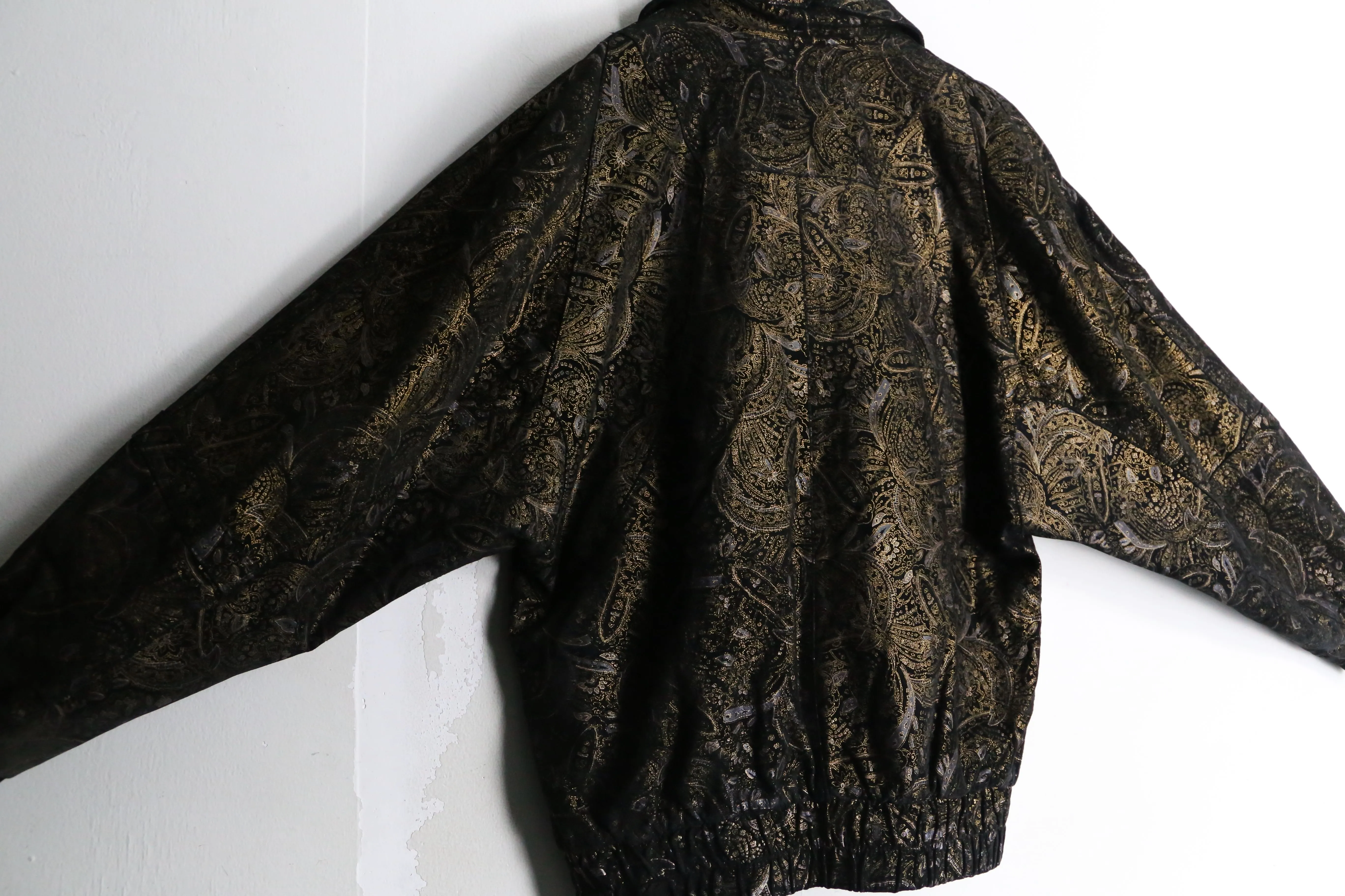 black base gold paisley pattern bomber leather jacket