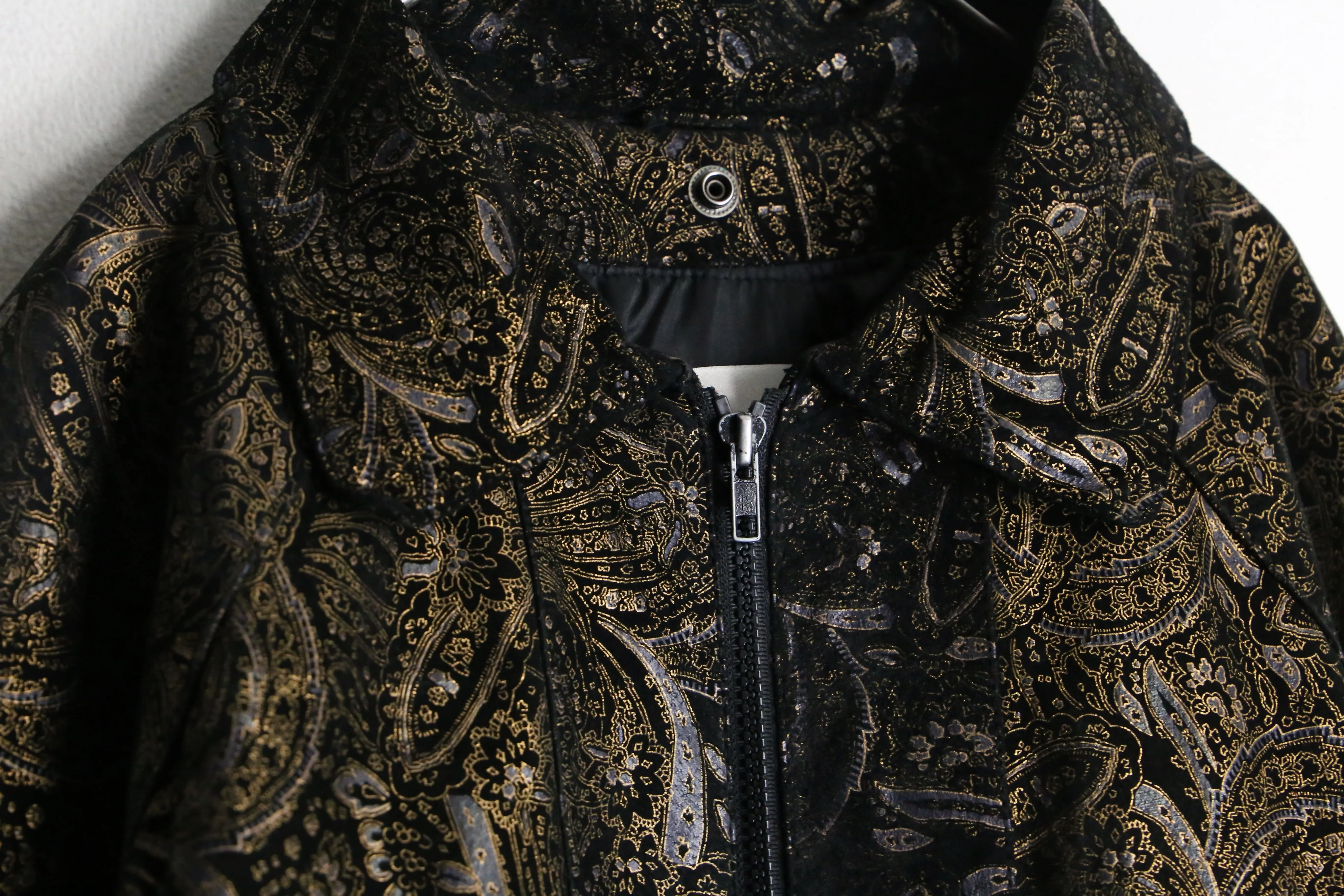 black base gold paisley pattern bomber leather jacket