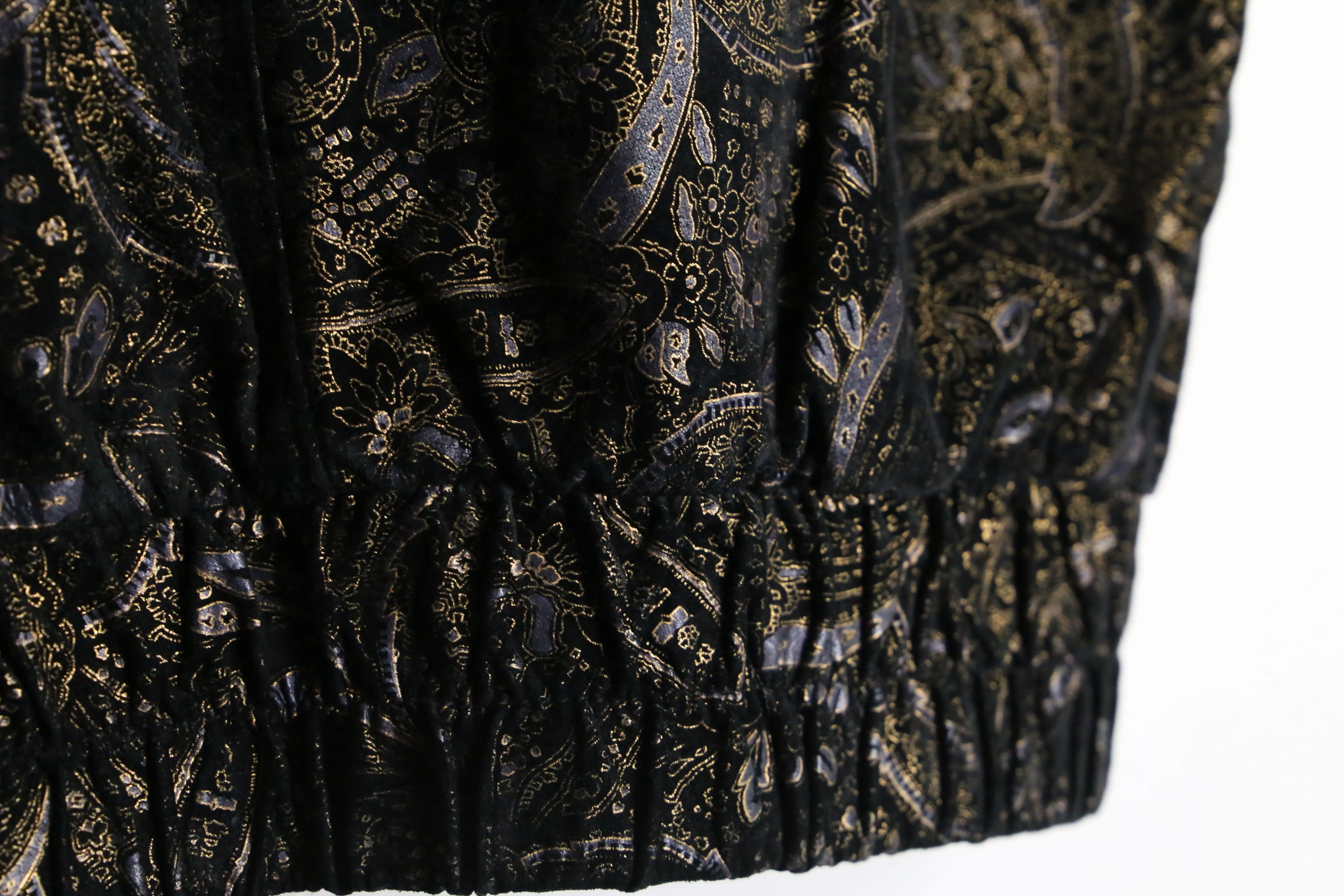 black base gold paisley pattern bomber leather jacket