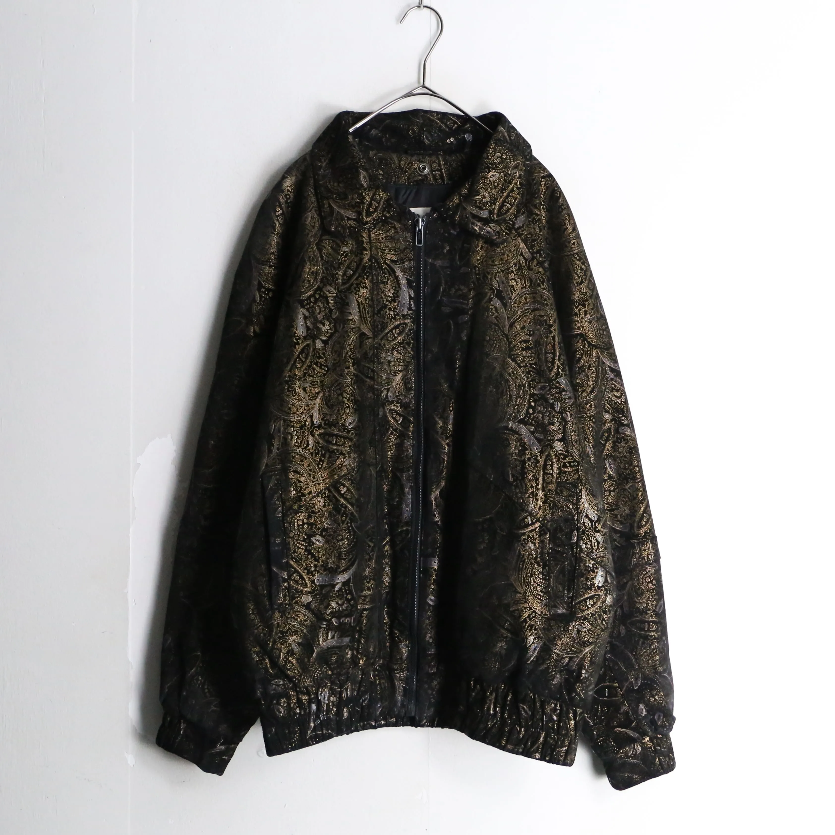 black base gold paisley pattern bomber leather jacket