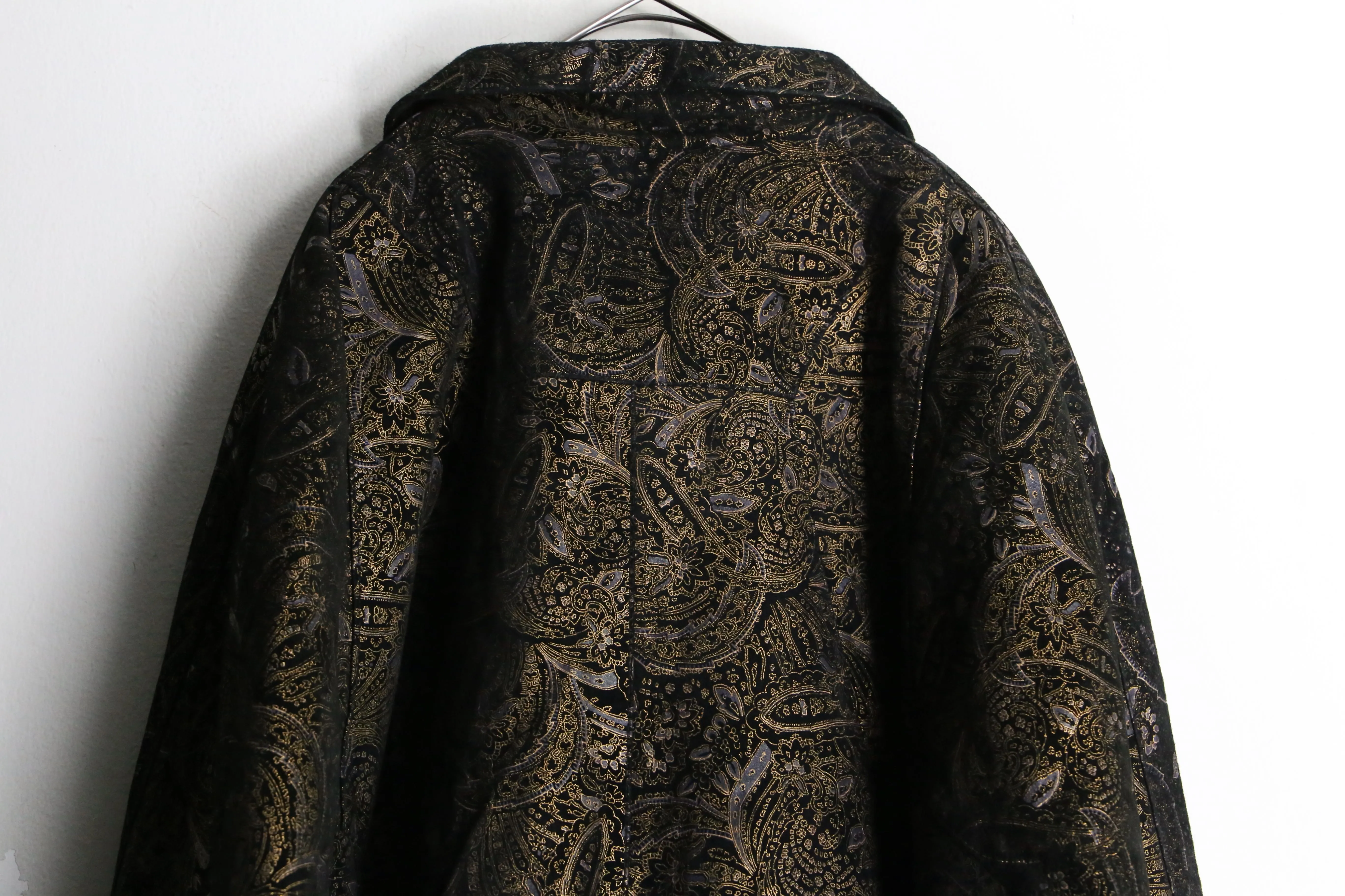 black base gold paisley pattern bomber leather jacket