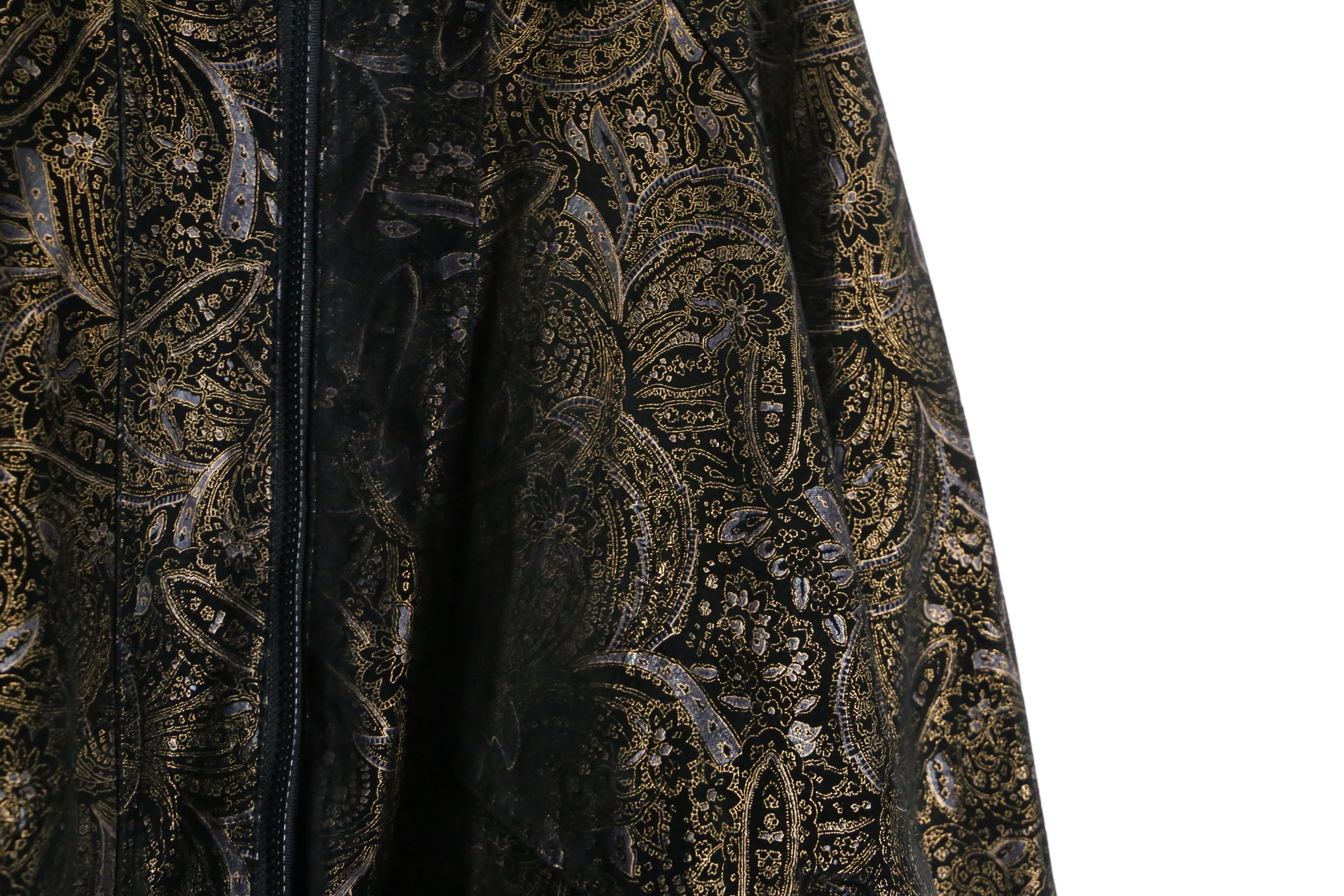 black base gold paisley pattern bomber leather jacket