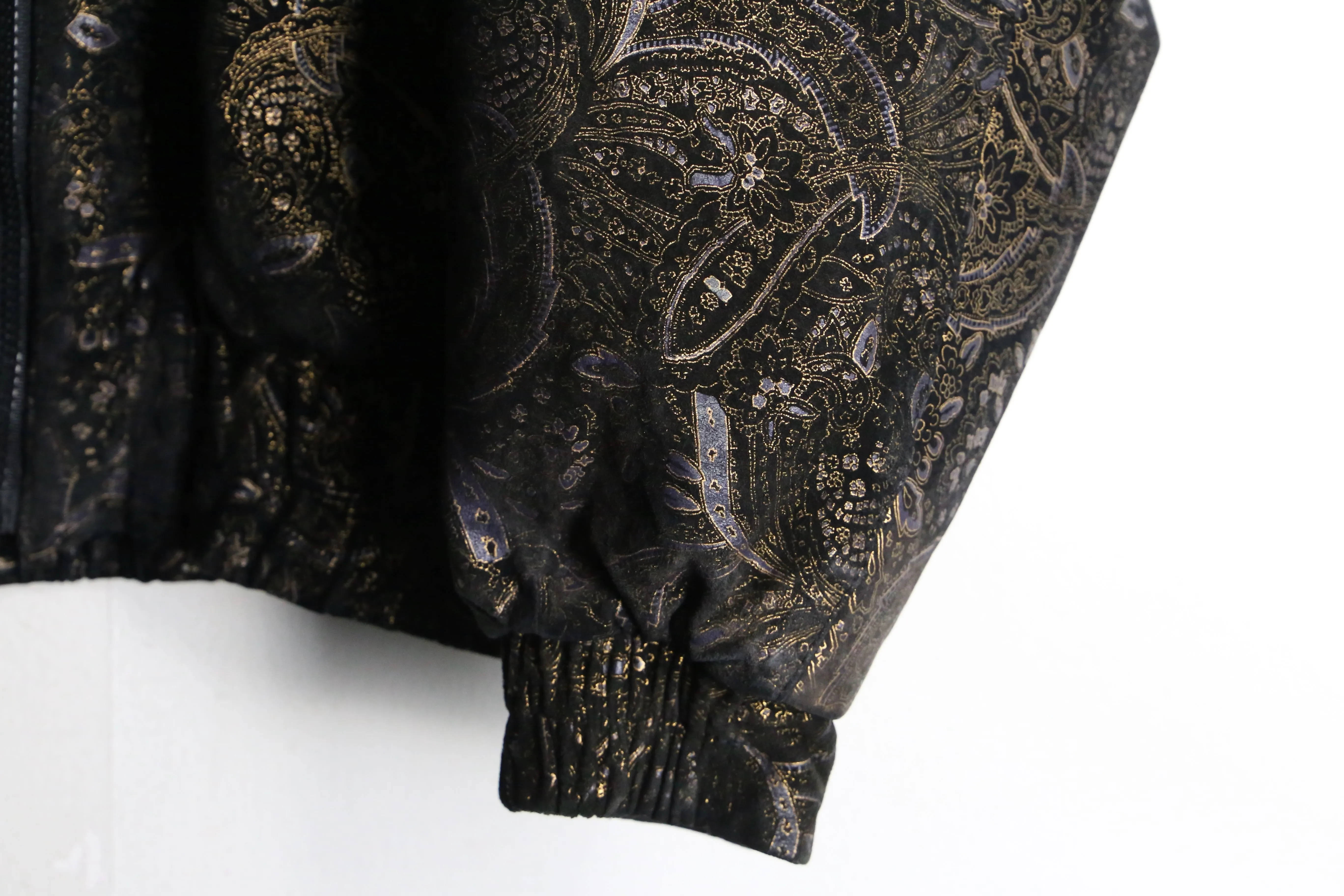 black base gold paisley pattern bomber leather jacket