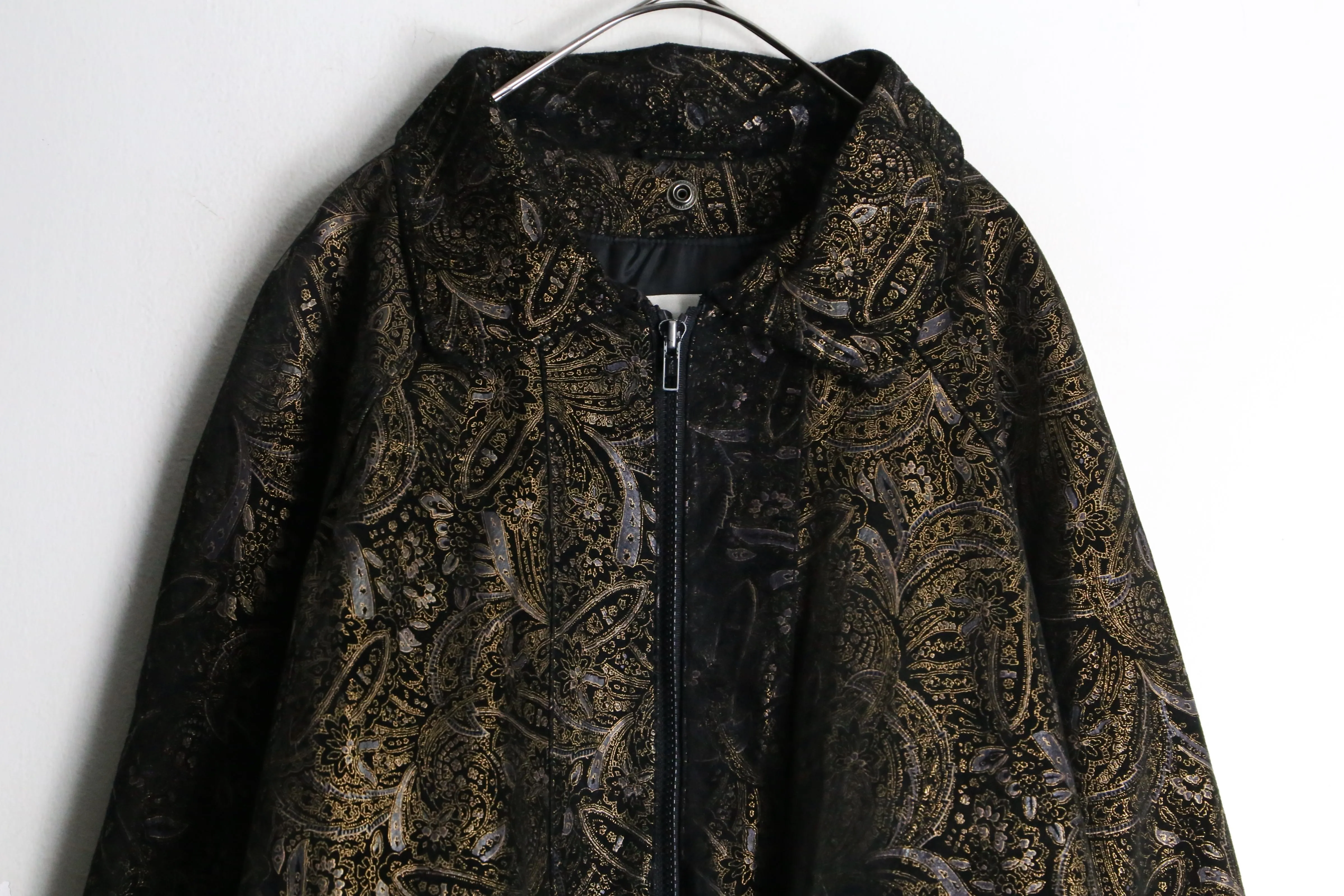 black base gold paisley pattern bomber leather jacket