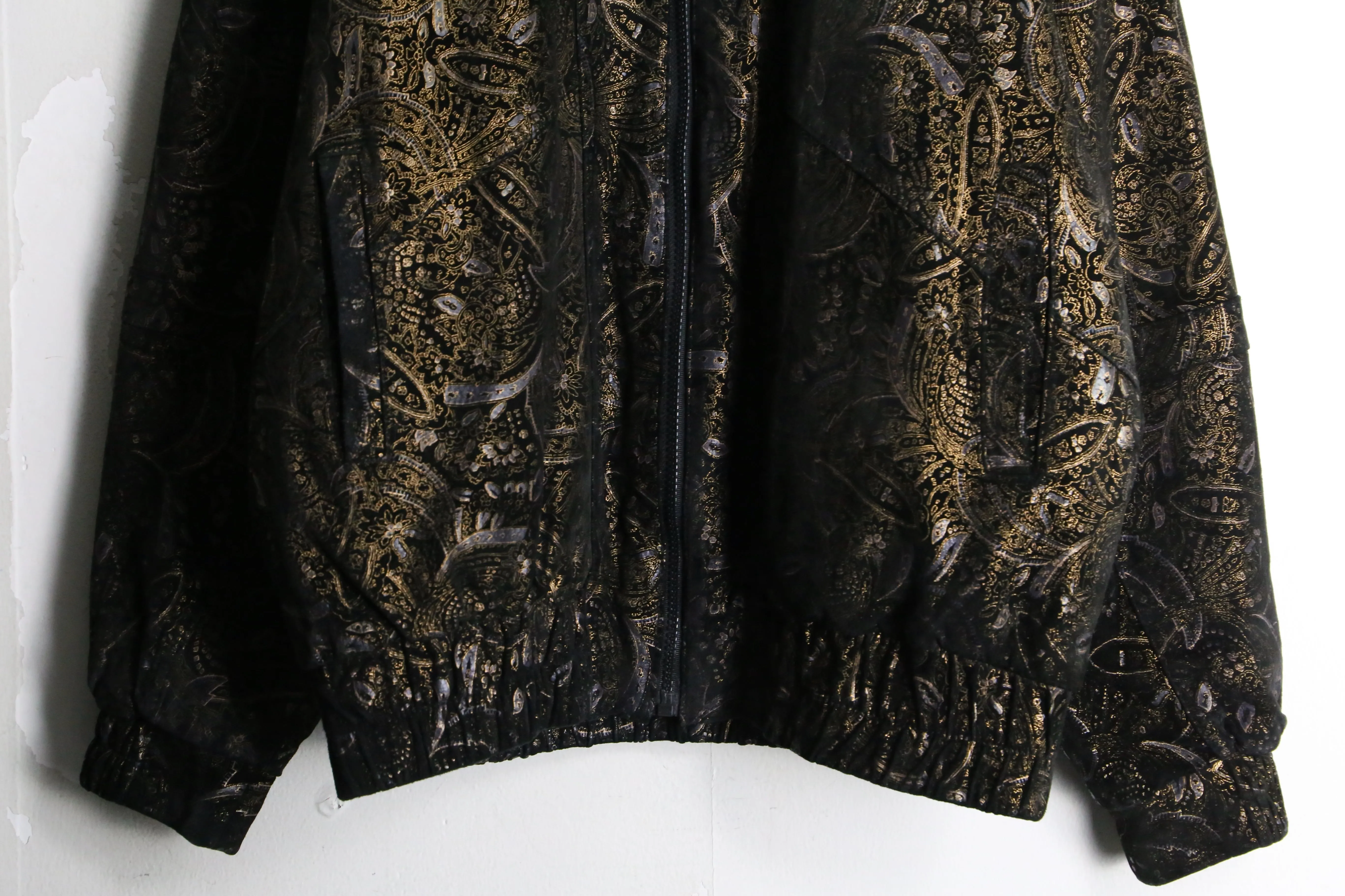 black base gold paisley pattern bomber leather jacket