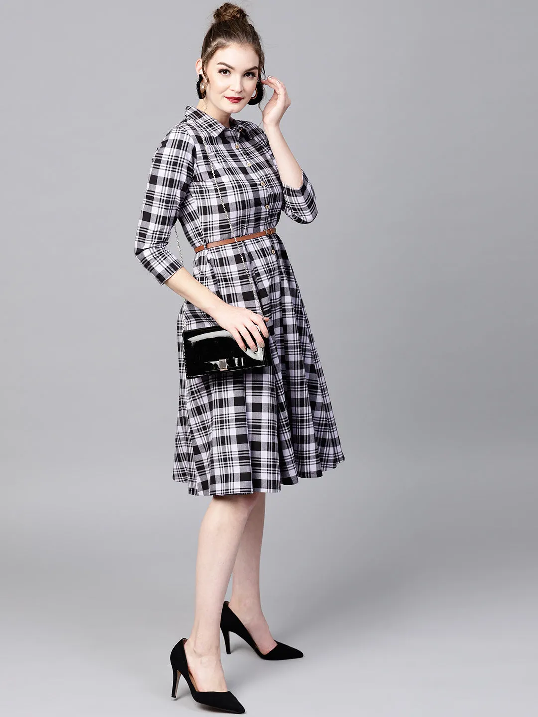 Black Check Shirt Ethnic Belted Dress