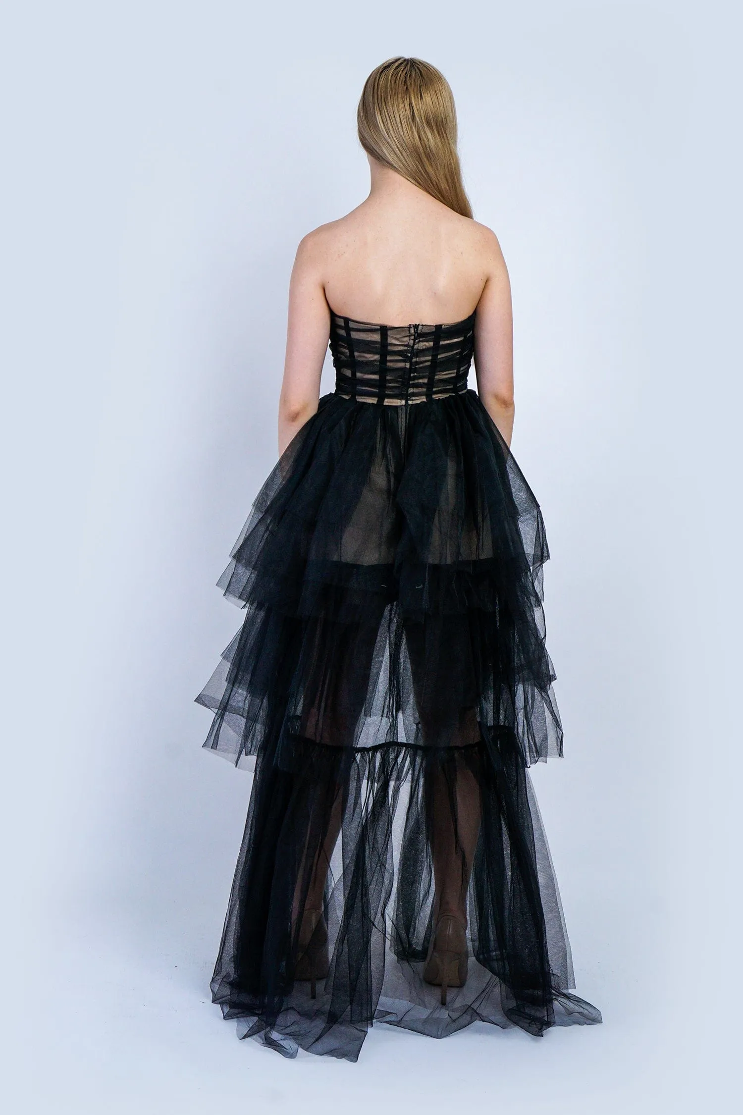 Black Nude Corset Sweetheart Tiered Gown