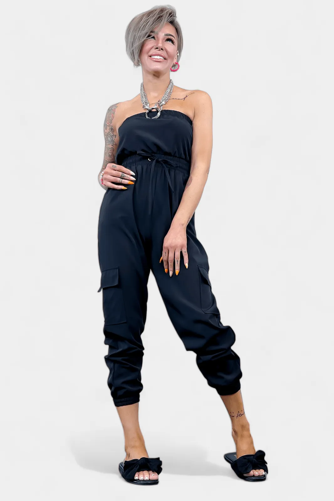 Black Strapless Jogger Jumpsuit