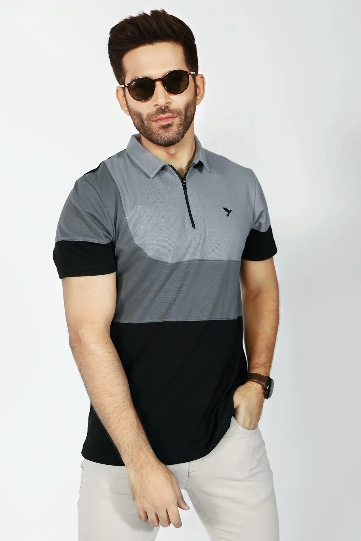 Black Tri-Color Panel Embroidered Polo Shirt - S22 - MP0085R