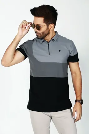 Black Tri-Color Panel Embroidered Polo Shirt - S22 - MP0085R