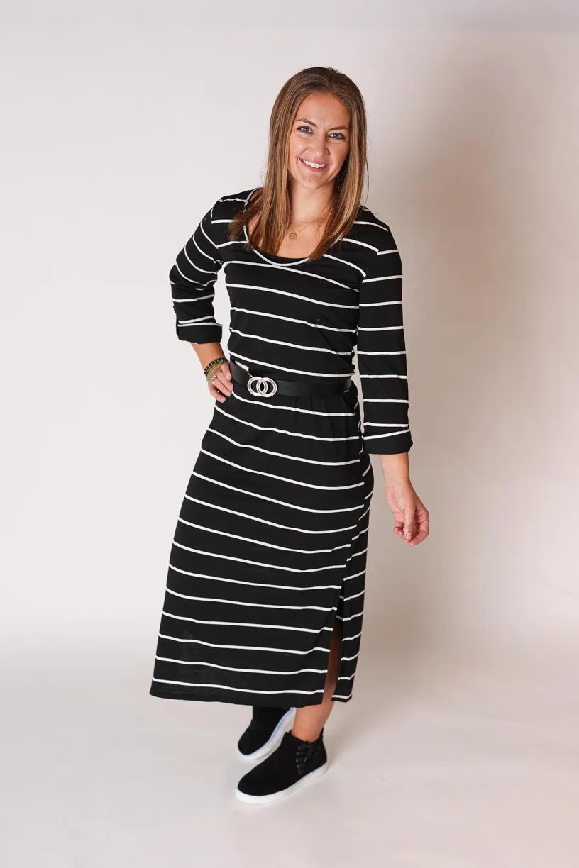 Black White Stripe Casual Midi Dress • S or XL