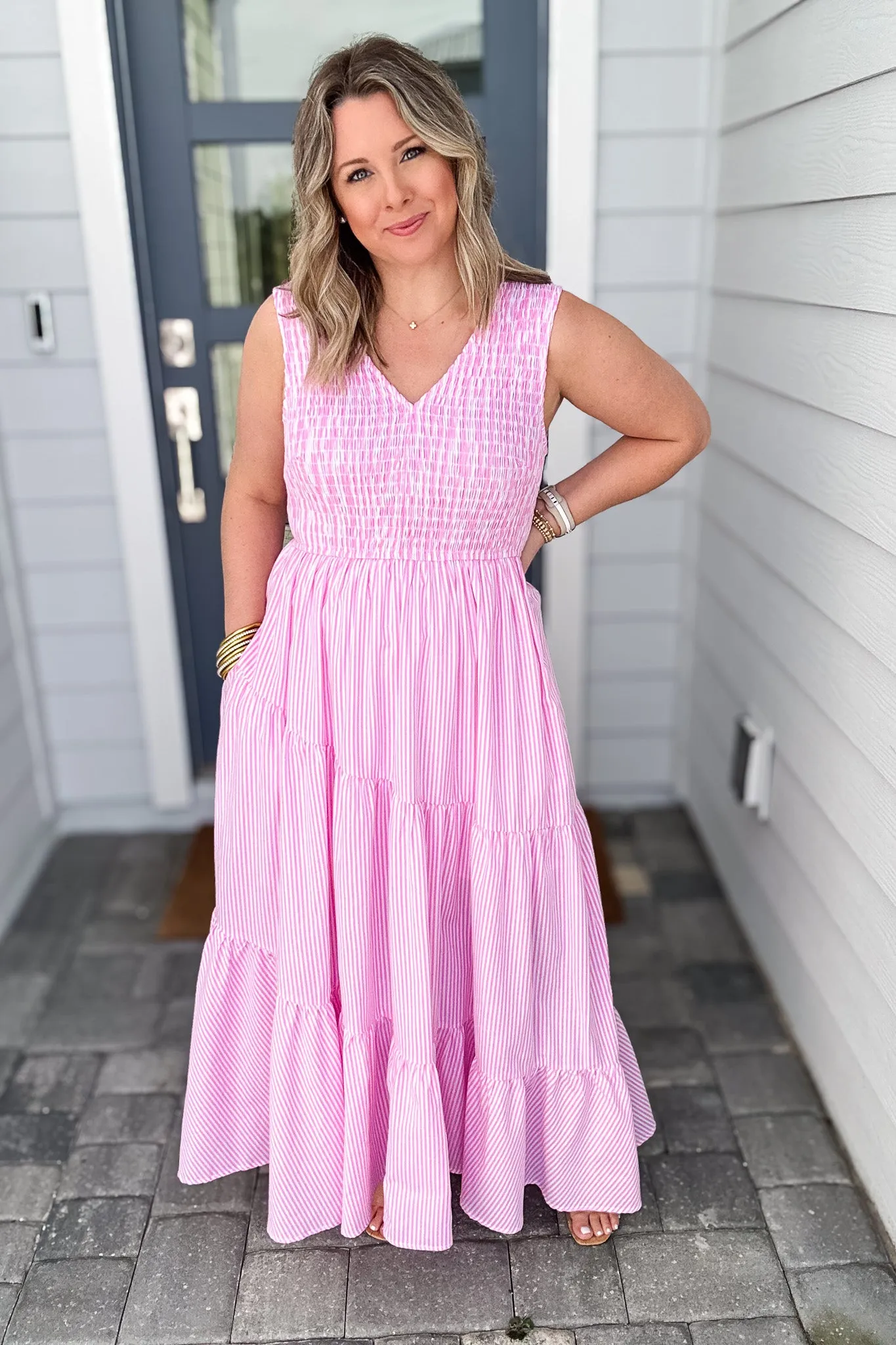 Bow Back Seersucker Smocked Maxi Dress - Light Pink