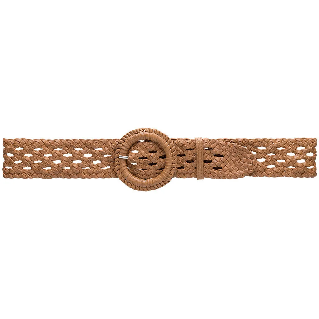 Braided waist belt in nice leather quality / 16062 - Cognac