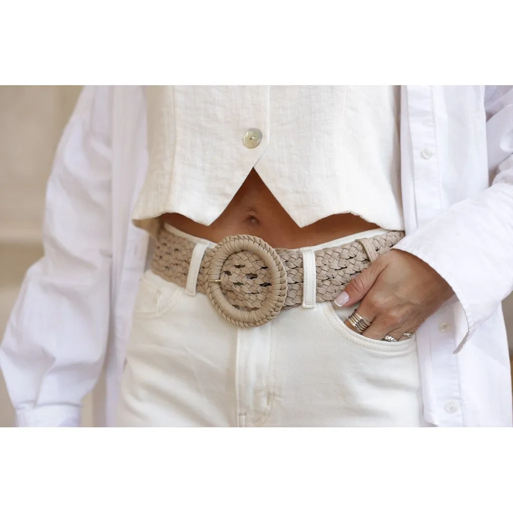 Braided waist belt in nice leather quality / 16062 - Vanilla