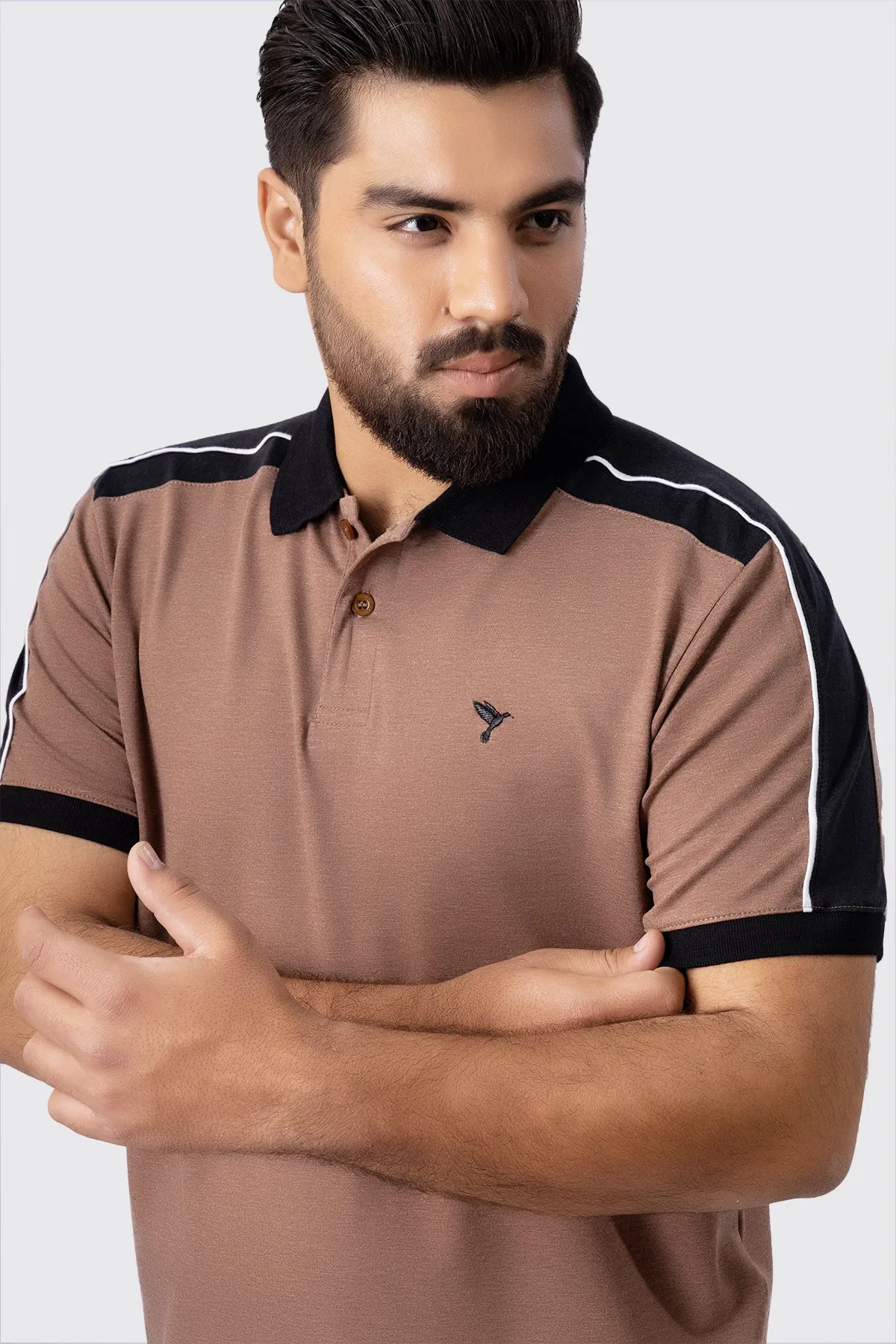 Brown Melange Embroidered Polo Shirt (Plus Size) - A23 - MP0179P