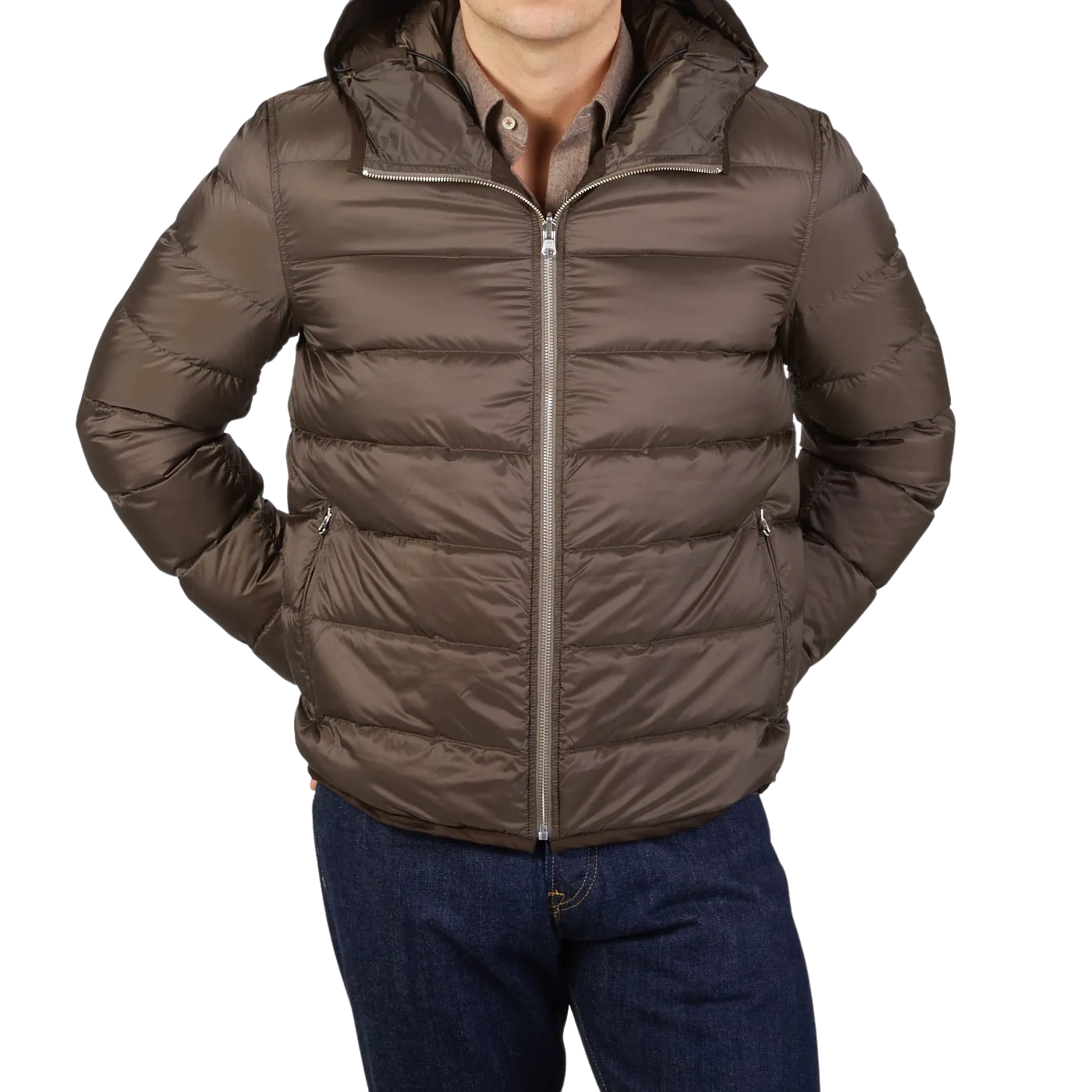 Brown Nylon Down Padded Liner Hood Jacket