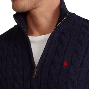 Cable Knit Cotton Zip Collar Pullover - Hunter Navy