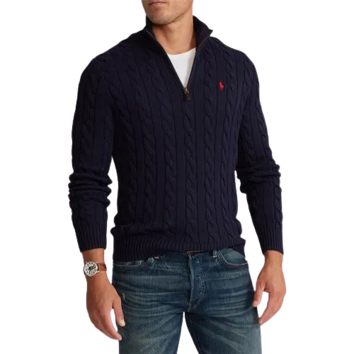 Cable Knit Cotton Zip Collar Pullover - Hunter Navy