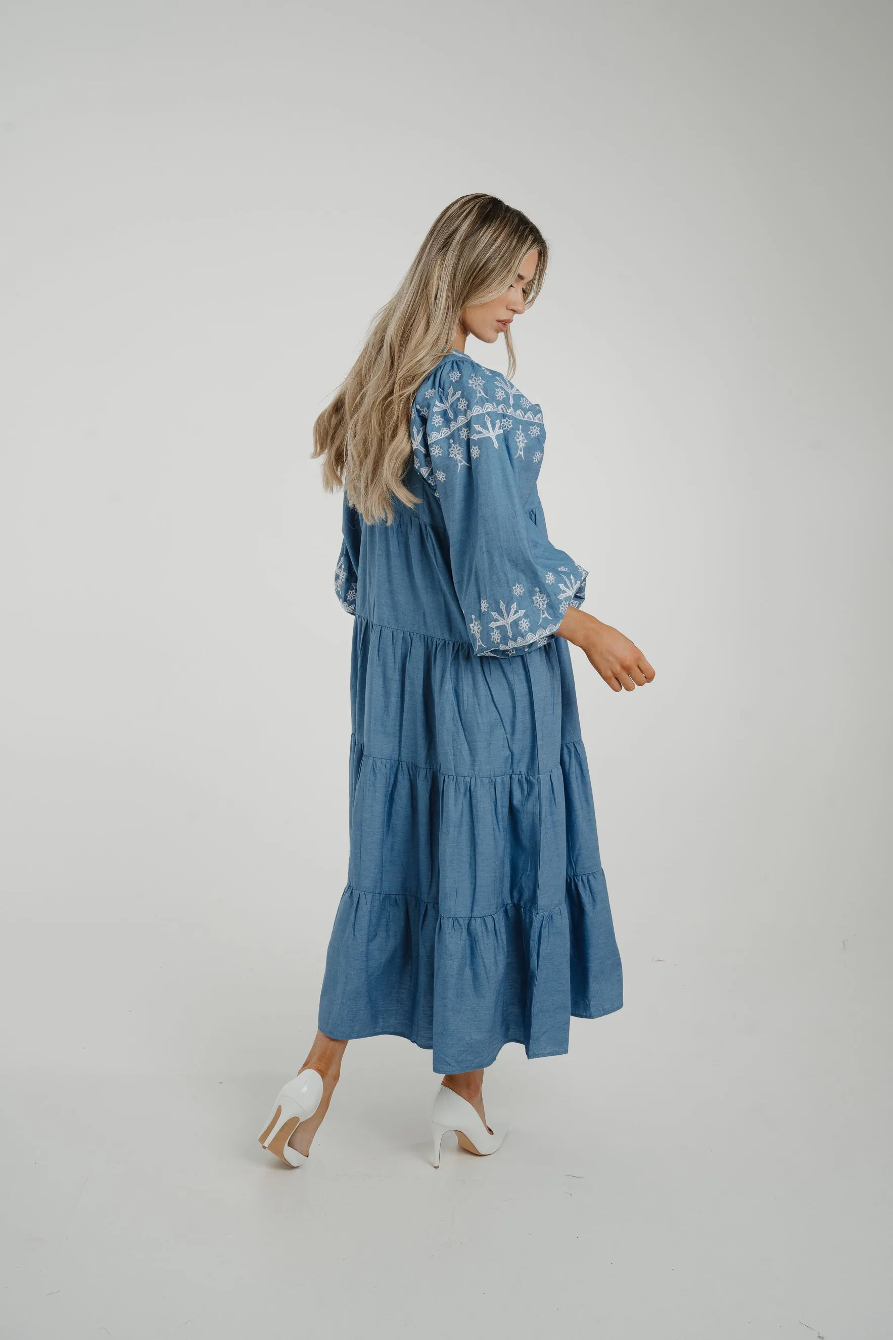 Caitlyn Tiered Embroidery Dress In Blue