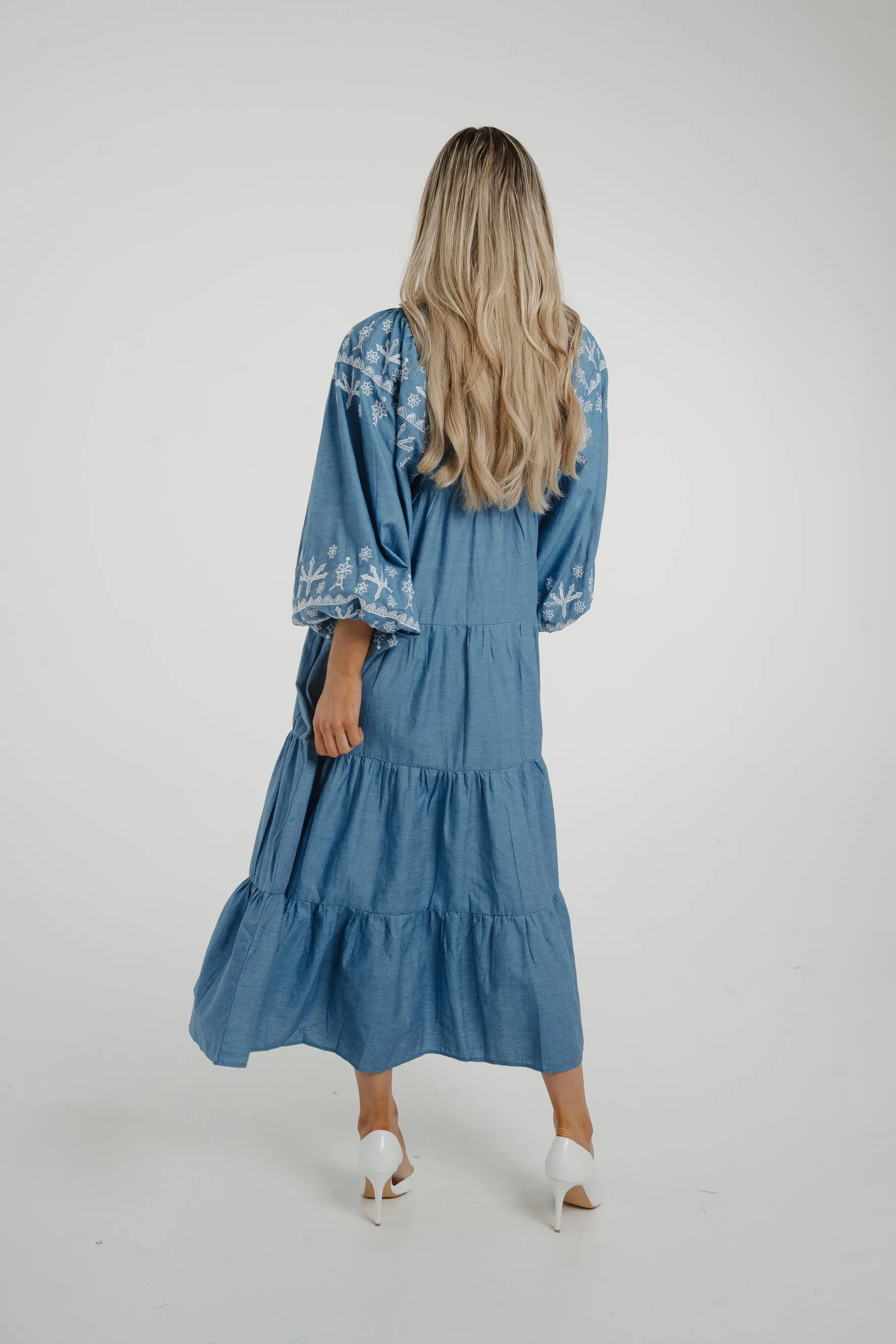 Caitlyn Tiered Embroidery Dress In Blue