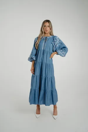 Caitlyn Tiered Embroidery Dress In Blue