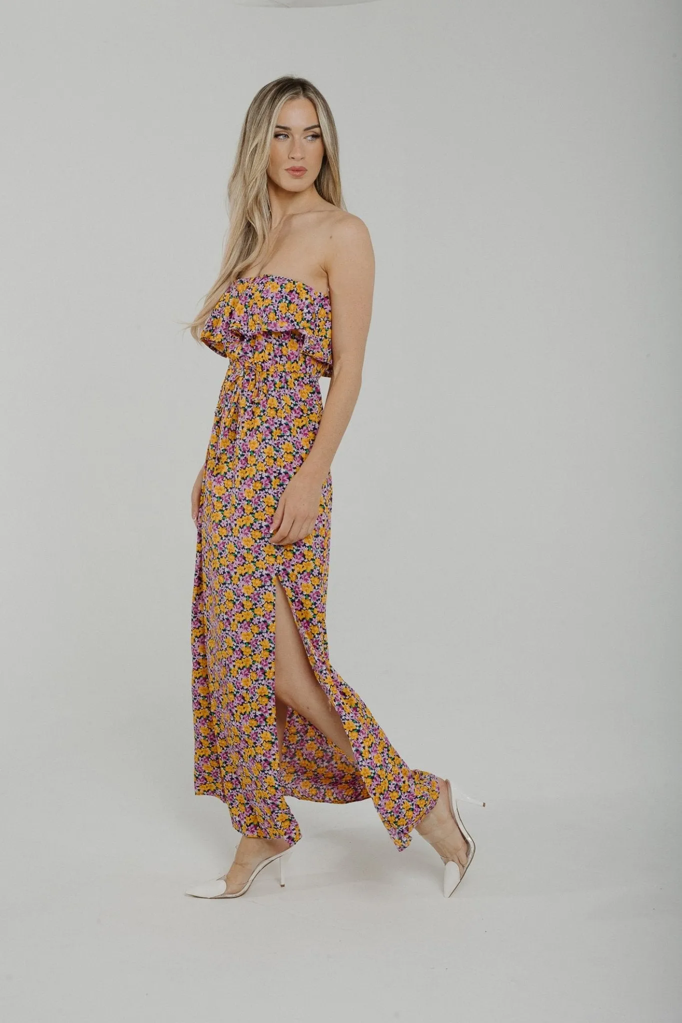 Casey Floral Strapless Dress In Purple Mix