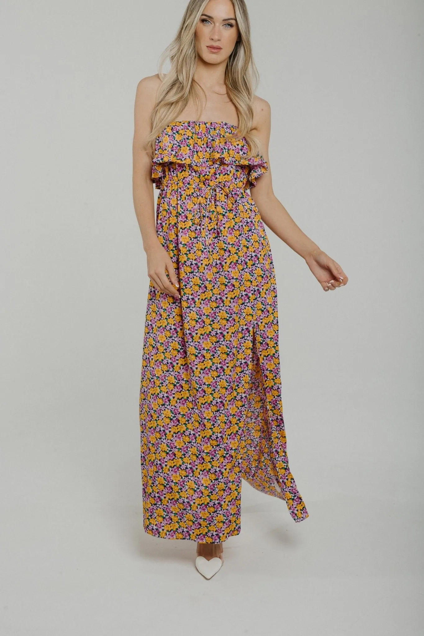 Casey Floral Strapless Dress In Purple Mix