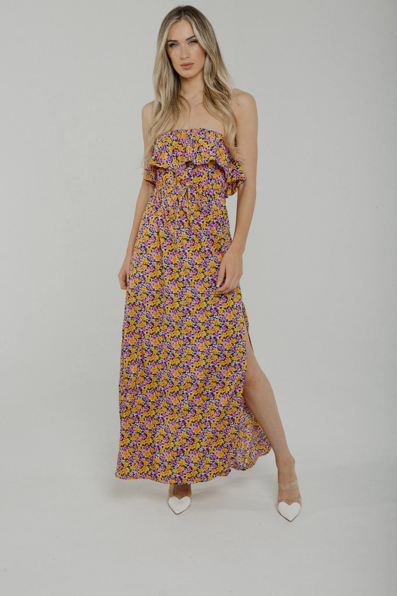 Casey Floral Strapless Dress In Purple Mix