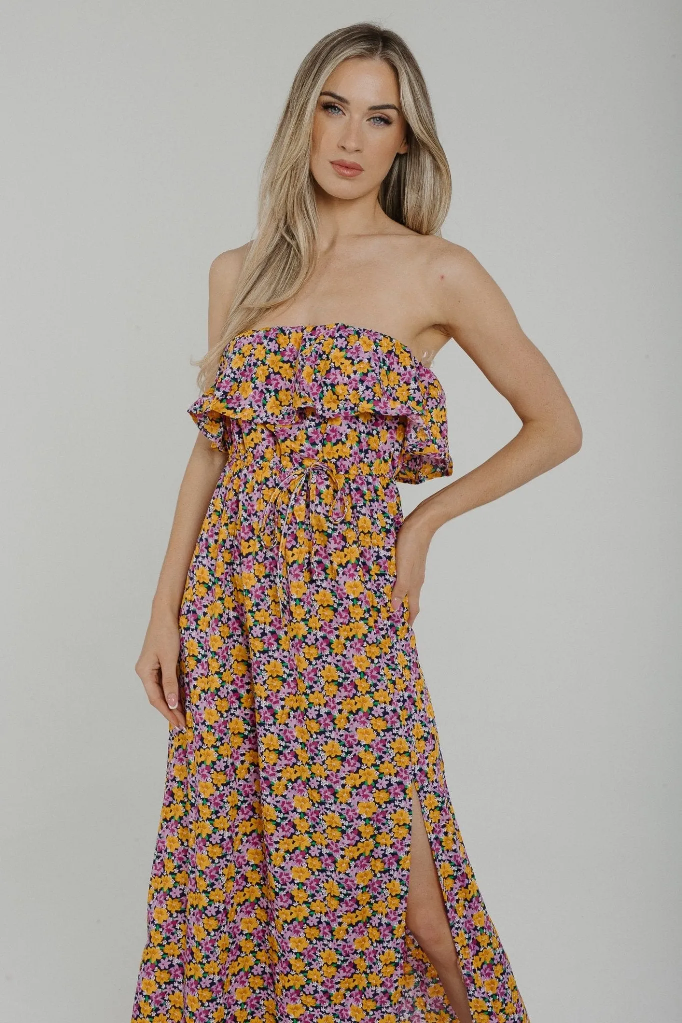 Casey Floral Strapless Dress In Purple Mix