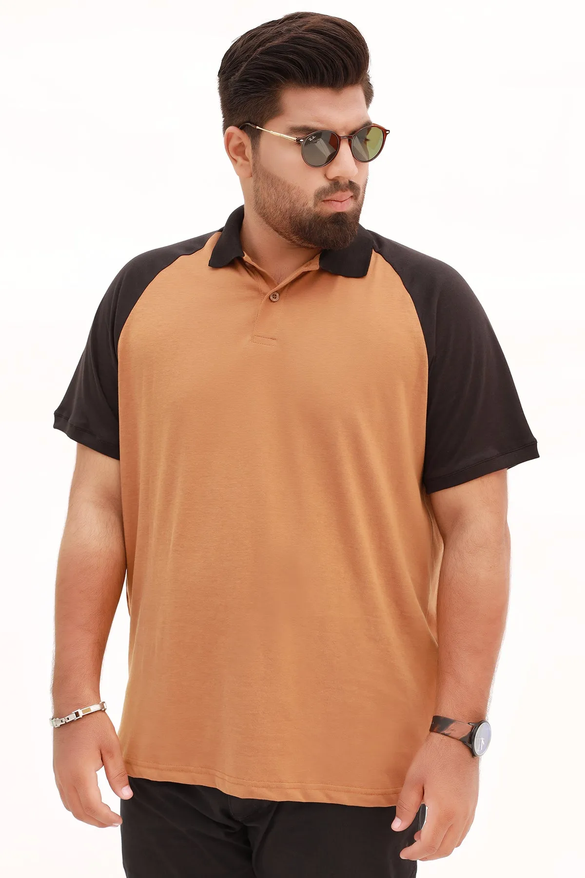 Cocoa Brown & Black Raglan Polo Shirt (Plus Size) - S22 - MP0116P