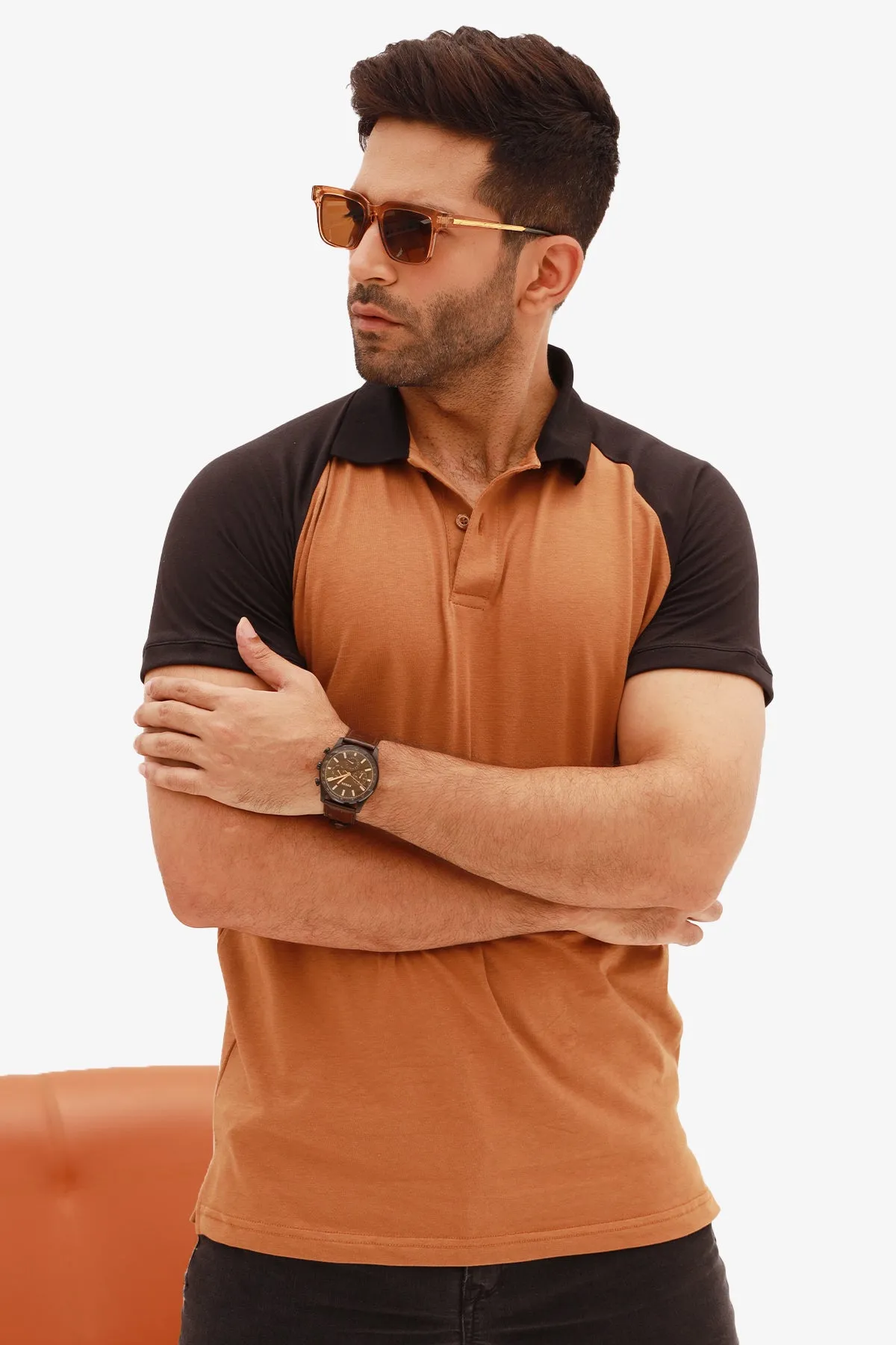 Cocoa Brown & Black Raglan Polo Shirt - S22 - MP0116R