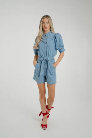 Cora Puff Sleeve Playsuit In Light Wash