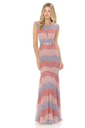 Coral/Blue Sheer Lace Sweetheart Color Block Formal Dress